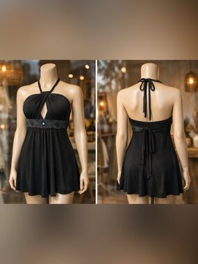 Black Keyhole Halter Dress Crocheted Turquoise Stone Empress Belt Embellishment